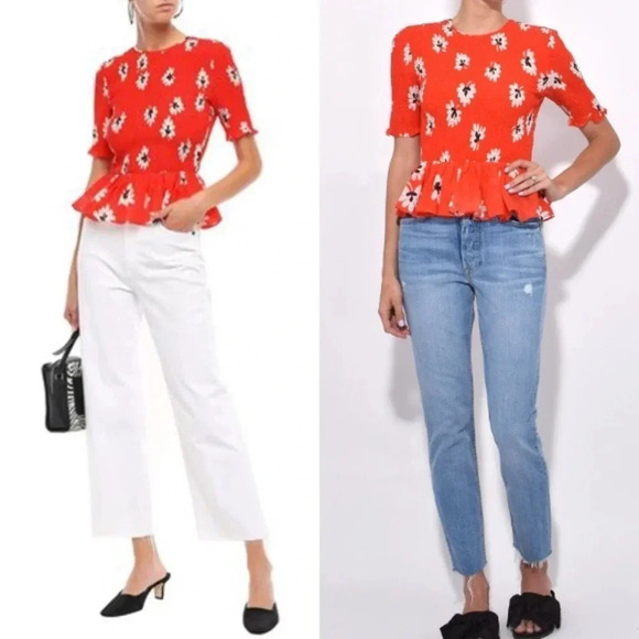 GANNI Linaria Smocked Peplum Top – Big Apple Red Floral – Size 36 (XS) - Picture 1 of 13